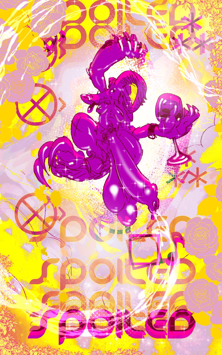 alcohol background_text beverage claws floral_background foreskin frutiger_metro genitals gynomorph horn hyper hyper_genitalia intersex penis purple_body solo sparkles text wine y2k_(graphic_design) kobold_orion kobold scalie 5:8 hi_res