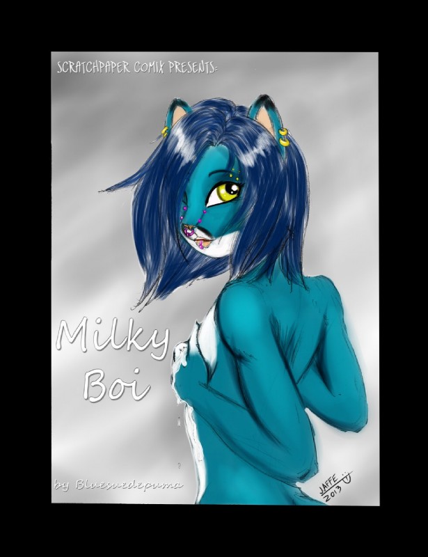 anthro bangs bent_arm biped black_body black_border black_ears black_eyebrows black_face black_fur black_markings blue_body blue_ears blue_face blue_fur blue_hair blue_hands bodily_fluids border bridge_piercing curved_eyebrows dark_border dark_eyebrows dark_hair dark_markings dark_pupils dipstick_ears dripping ear_markings ear_piercing ear_ring eyebrow_piercing eyebrows facial_markings facial_piercing femboy fingerless_(marking) fur grey_background hair hair_over_eye hand_on_chest head_markings head_turned holding_chest iris lactating light_body light_face light_fur light_hands light_markings lip_piercing lips looking_back male male_lactation markings medium_hair milk_drip monotone_hair monotone_inner_ear multicolored_body multicolored_ears multicolored_face multicolored_fur multicolored_hands multiple_piercings nose_piercing nose_ring nude one_eye_obstructed piercing pupils ring ring_piercing septum_piercing simple_background solo studded_nose_ring studded_ring tan_inner_ear tan_lips tan_nose text thick_bottom_lip three_tone_face title two_tone_ears two_tone_hands wheat_inner_ear white_body white_face white_fur white_hands white_markings year yellow_eyes bluesuedepuma jaffe cougar felid feline mammal 2013 comic cover cover_art cover_page dated english_text hi_res signature