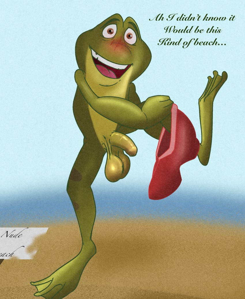 anthro balls beach blush clothing dialogue embarrassed foreskin genitals half-erect male nude_beach penis saggy_balls sign smile solo swimming_trunks swimwear talking_to_viewer undressing illegaleel disney the_princess_and_the_frog prince_naveen amphibian frog hi_res