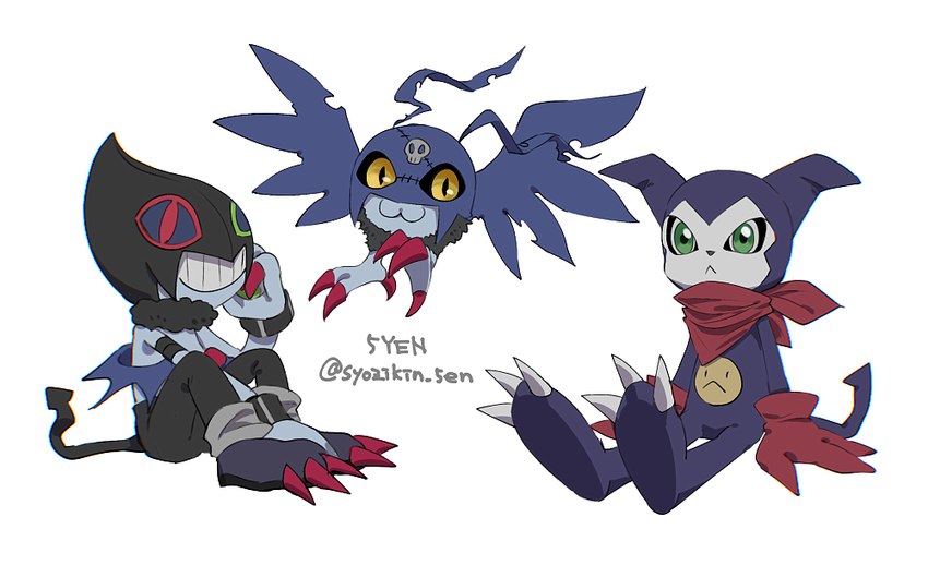 anthro claws feral flying green_eyes group kerchief male neckerchief spade_tail tail trio wings yellow_eyes syozikin_5en bandai_namco digimon demidevimon digimon_(species) dracmon impmon