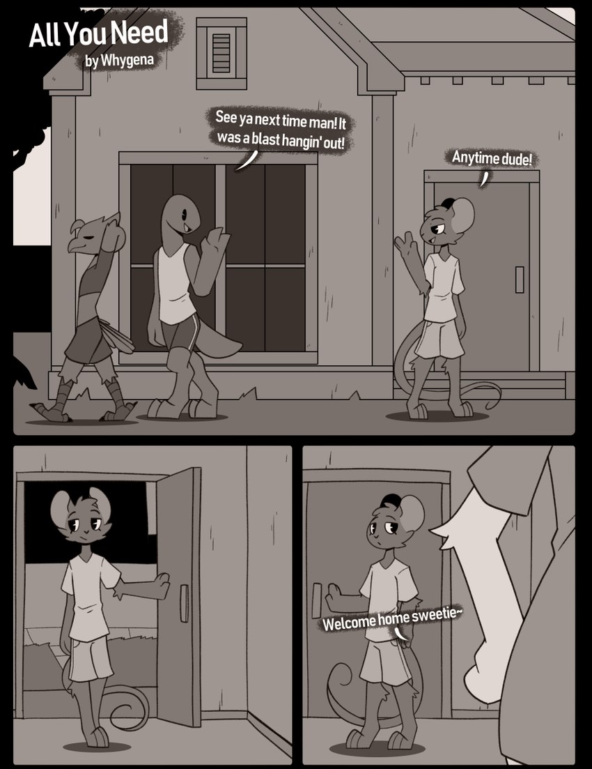 ambiguous_gender anthro building clothing dialogue group house inside male smile title whygena jasper_(whygena) reggie_(whygena) avian mammal murid murine rat reptile rodent scalie comic first_page greyscale monochrome