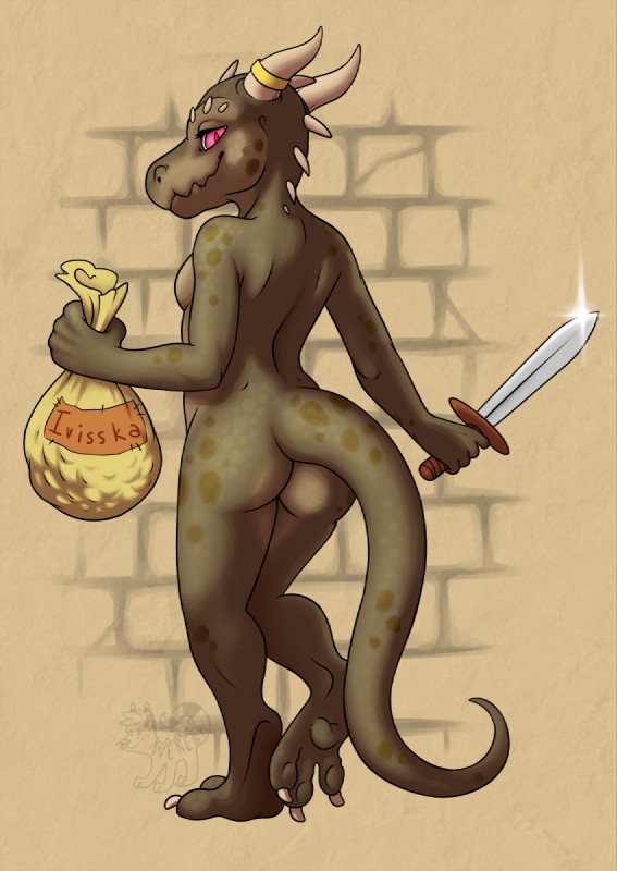 anthro bag biped breasts butt claws digitigrade female horn long_tail looking_at_viewer looking_back loot melee_weapon non-mammal_breasts nude purple_eyes ring scales side_boob smile solo standing sword tail weapon werella ivisska kobold reptile scalie hi_res