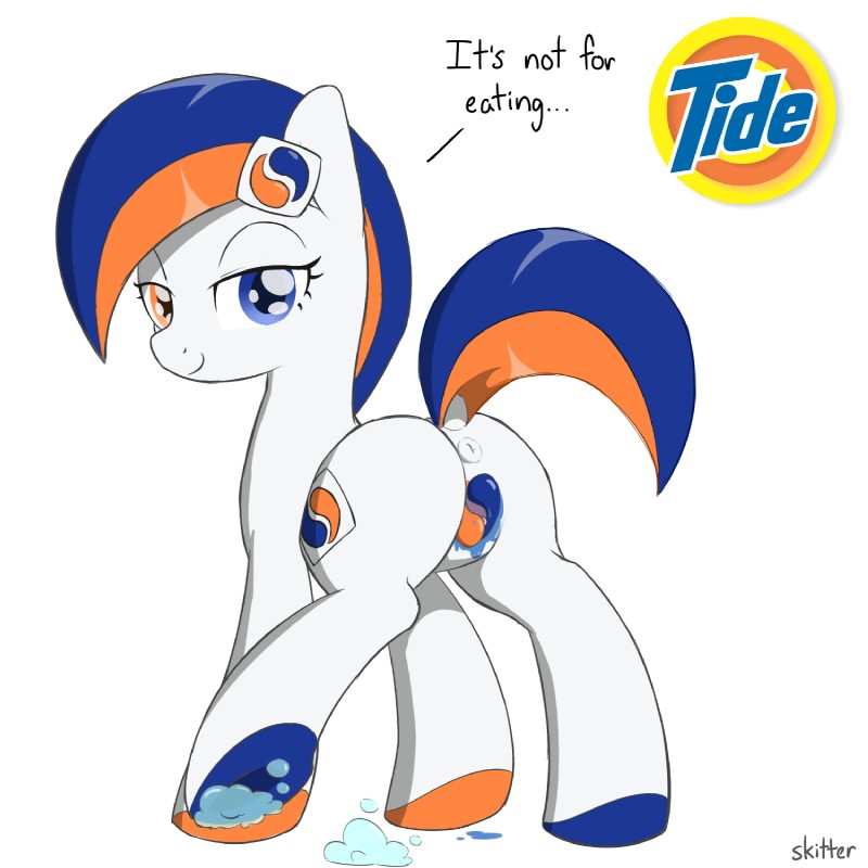 anus butt female feral happy heterochromia looking_back presenting presenting_hindquarters smile solo text what_has_magic_done why skitterpone hasbro my_little_pony tide_(brand) tide_pod equid equine horse mammal pony 1:1 english_text hi_res