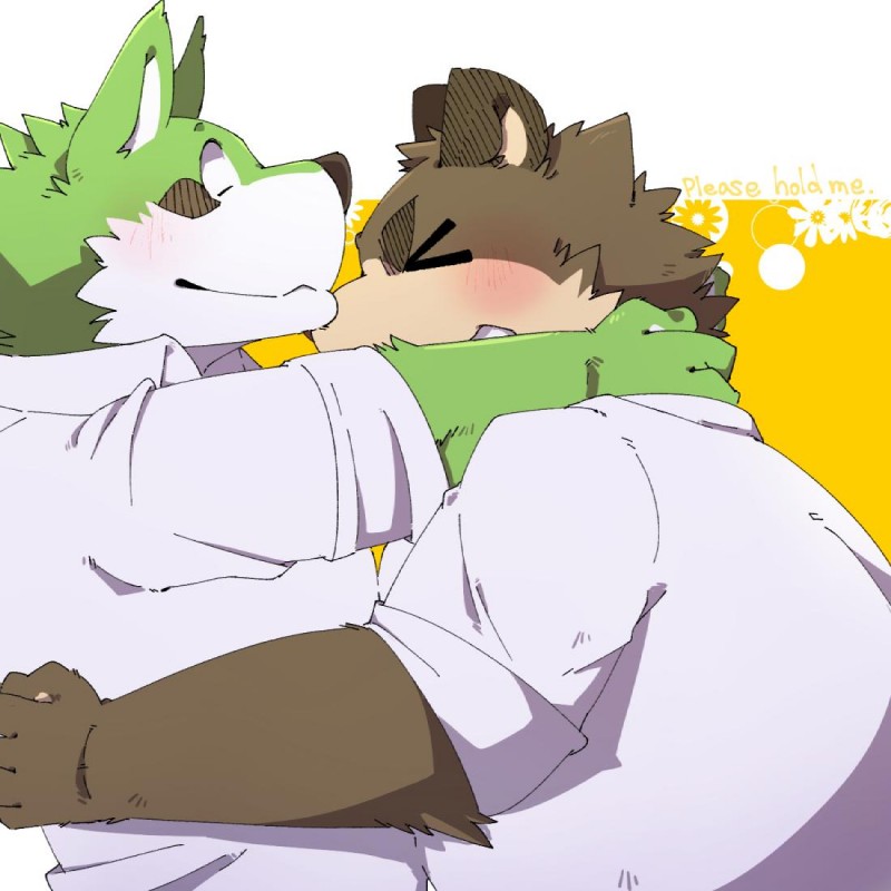 anthro belly blush brown_body brown_fur clothing duo fur green_body green_fur hug humanoid_hands male shirt slightly_chubby text topwear green_bell inakamichi canid canine mammal raccoon_dog tanuki 1:1 2019 english_text