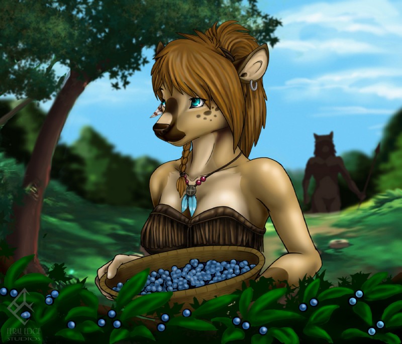 anthro berry breasts cleavage clothed clothing detailed_background duo ear_piercing feathers female food fruit fully_clothed jewelry male melee_weapon necklace outside piercing plant polearm short_story solo_focus spear tree tribal weapon skyler-ragnarok dyani canid canine canis deer mammal wolf 2015 comic