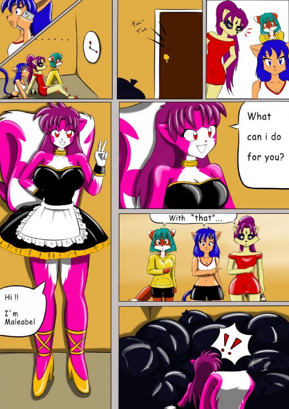 anthro blue_hair clothing dialogue door exclamation_point female green_hair group hair inside purple_hair text trash lady_drasami maleabel canid canine fox mammal procyonid raccoon 2013 comic english_text hi_res