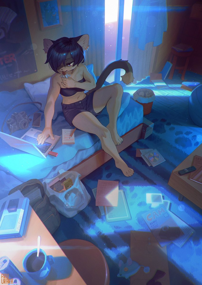 4_toes 5_fingers anthro bandeau barefoot bed bedroom black_ears black_hair black_tail bottomwear camera candy chocolate chocolate_bar claws clothing computer curtains dessert detailed_background dipstick_tail dust_motes ear_piercing ear_ring eating electronics feet female fingers food fur furniture glare_(lighting) hair inside kemono laptop magazine markings messy_room midriff navel paws phone photo_album piercing plantigrade red_eyes ring_piercing short_hair shorts solo tail tail_markings tan_body tan_fur toes topwear usb_stick working aruurara fan_character lana_(suisui) domestic_cat felid feline felis mammal 2022 hi_res