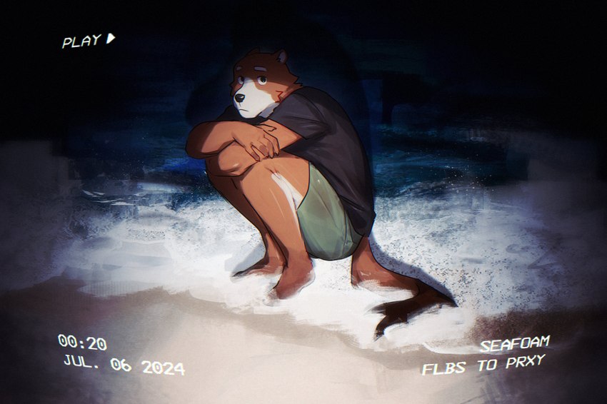 anthro beach beachside biped black_eyes brown_body brown_fur countershade_fur countershading dark fur looking_at_viewer male night solo squatting_position white_body white_countershading white_fur fioobsie mammal mustelid otter 2024 absurd_res hi_res