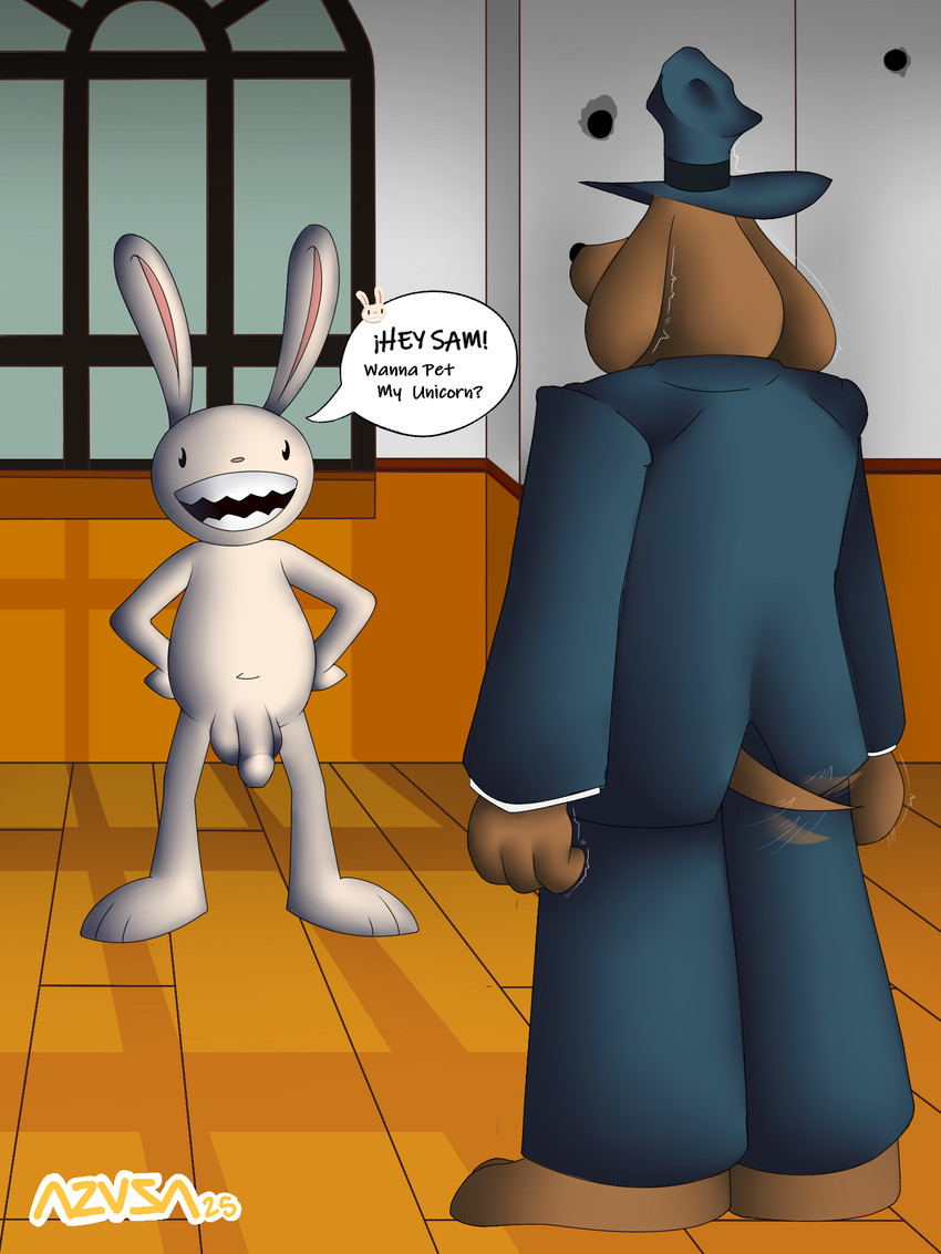 anthro balls clothed clothing dialogue duo genitals male male/male motion_lines nude penis smile speech_bubble tail tail_motion tailwag teeth text white_body azusagp sam_and_max max_(sam_and_max) samuel_dog canid canine canis domestic_dog lagomorph leporid mammal rabbit 2025 digital_media_(artwork) english_text hi_res