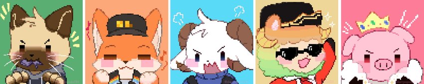 2_horns :3 ambiguous_anthro ambiguous_gender angry anthro black_clothing black_eyes black_hat black_headwear black_hoodie black_jacket black_topwear blue_background blue_clothing blue_eyes blue_sweater blue_topwear blush blush_stickers bovid_horn brown_body brown_fur brown_horn cape caprine_horn chibi clothed clothing coat countershading crown dot_eyes emanata eyes_closed eyewear feet fluffy fur fur_cape fur_clothing green_background hat head_tuft headgear headwear hoodie hooves horn jacket monotone_body monotone_fur mouthless multicolored_body multicolored_fur multicolored_wool open_mouth open_smile orange_background orange_body orange_fur paws pink_background pink_body pink_fur rainbow rainbow_body rainbow_fur rainbow_wool ram_horn red_clothing red_coat red_topwear simple_background smile solo sunglasses sweater tan_body tan_fur toeless_(marking) topwear tuft two_tone_body two_tone_fur whiskers white_body white_countershading white_fur wide_image wool_(fur) yellow_background yellow_horn fuwawmelon dream_smp antfrost_(youtuber) captainpuffy fundy rammie_(jschlatt) technoblade bovid canid canine caprine domestic_cat domestic_pig domestic_sheep felid feline felis fox mammal red_fox sheep siamese suid suine sus_(pig) true_fox 2020 digital_media_(artwork) flat_colors hi_res long_image multiple_images pixel_(artwork) female_(lore) male_(lore)