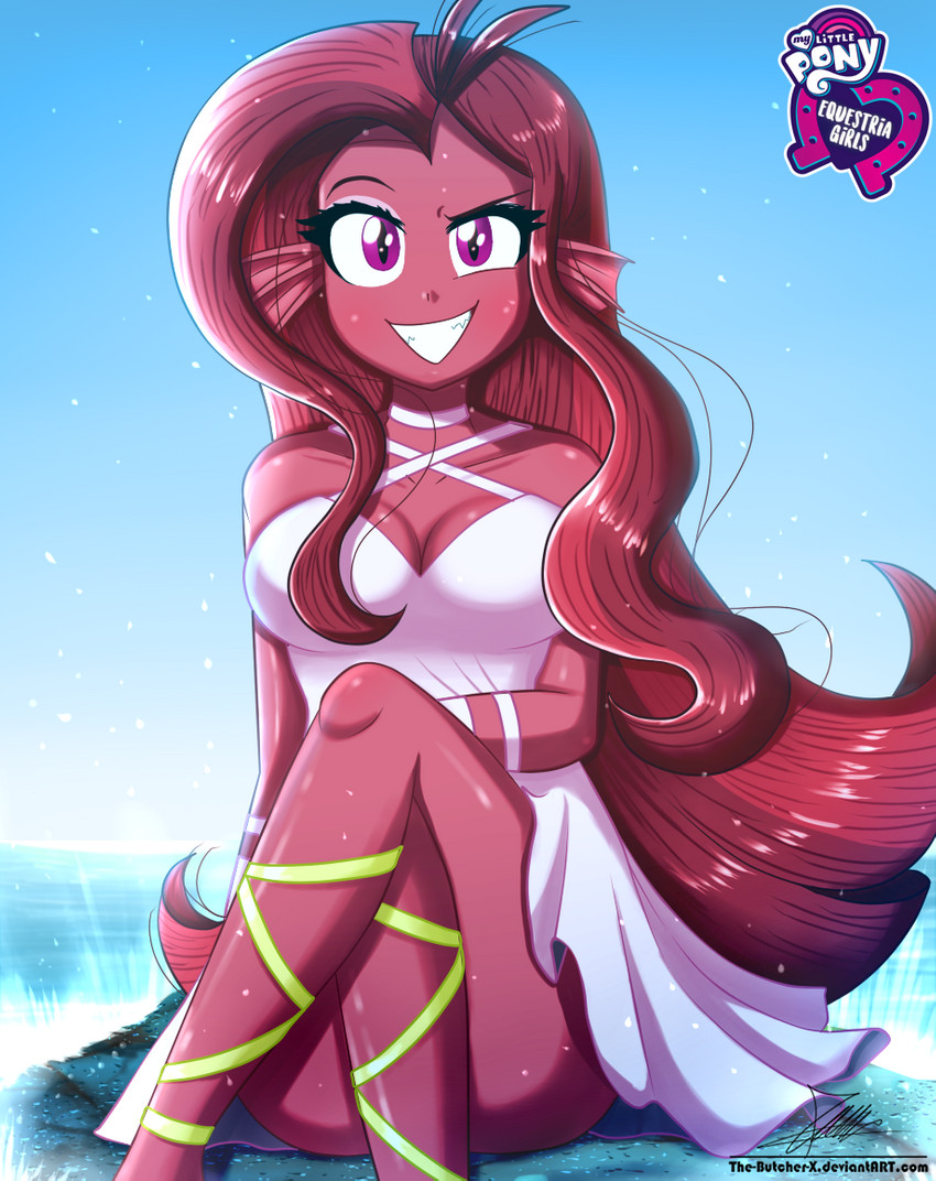 breasts cleavage clothed clothing crossed_legs disguise dress female footwear looking_at_viewer pupils purple_eyes sandals shoes sleeveless slit_pupils smile solo the-butcher-x equestria_girls hasbro my_little_pony fan_character mezma_(oc) animal_humanoid humanoid siren siren_humanoid signature