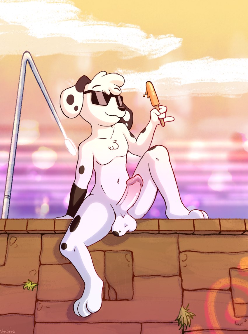 anthro balls barefoot body_hair brick_wall chest_hair chest_tuft feet food genitals hair head_tuft male nude penis popsicle popsicle_melting solo spots street_lamp tuft wall_(structure) whussyarx 101_dalmatian_street 101_dalmatians disney drew_dalmatian_(slightlyarousedguy) canid canine canis dalmatian domestic_dog mammal hi_res