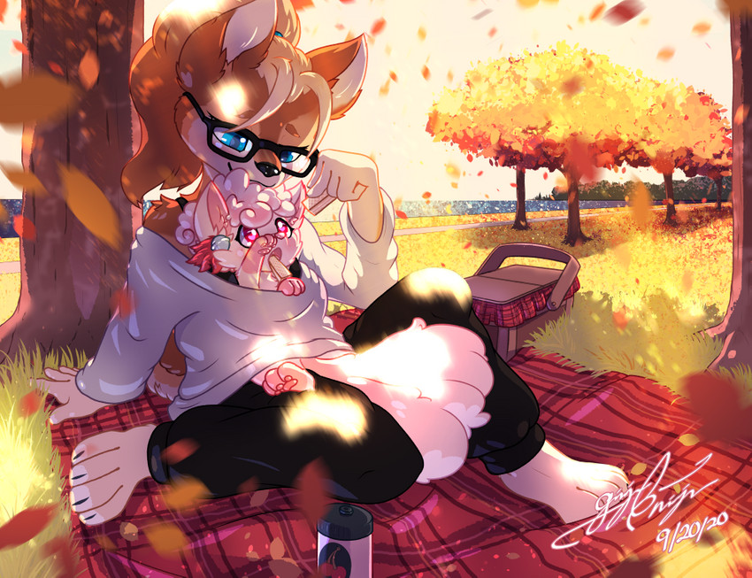 ambiguous_gender anthro autumn clothed clothing dappled_light duo eyewear feral food glasses outside picnic under_shade wafer gingy_k_fox nintendo pokemon cherry_(remy) alolan_form alolan_vulpix canid canine canis domestic_dog generation_7_pokemon mammal pokemon_(species) regional_form_(pokemon) shiba_inu spitz