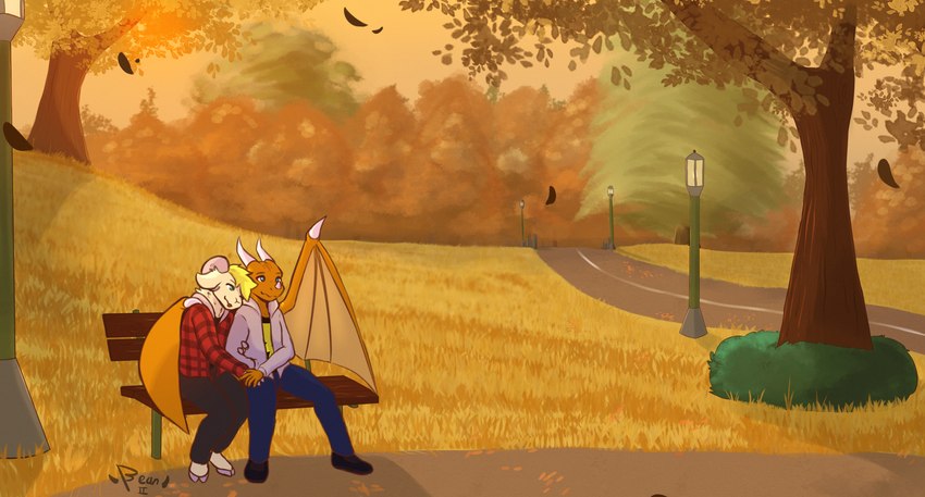 anthro autumn bench bottomwear cheek_horn clothing cuddling curled_horn denim denim_bottomwear denim_clothing duo evening facial_horn flannel footwear fur hand_holding hoodie hoof_hands hooves horn jeans leaf male male/male nose_horn orange_body orange_leaves orange_scales pants scales shoes street street_lamp sunset tan_body tan_fur topwear wings beanii mythology chem_(dragon_chem) yam_(cuttleyam) bovid caprine chameleon dragon hybrid lizard mammal mythological_creature mythological_scalie reptile scalie hi_res