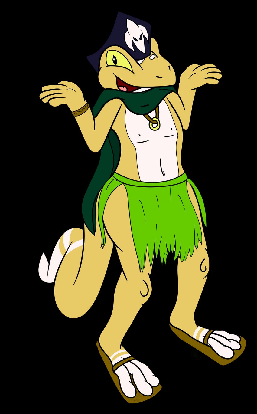 anthro bracelet cloak clothing footwear gesture grass_skirt jewelry male markings navel nipples pendant pirate_hat sandals shoes shrug simple_background smile solo transparent_background white_markings yellow_body yellow_sclera lendri_mujina neopets colked_(lendri_mujina) fan_character island_neopet neopet_(species) scalie techo 2023 absurd_res alpha_channel dated hi_res signature