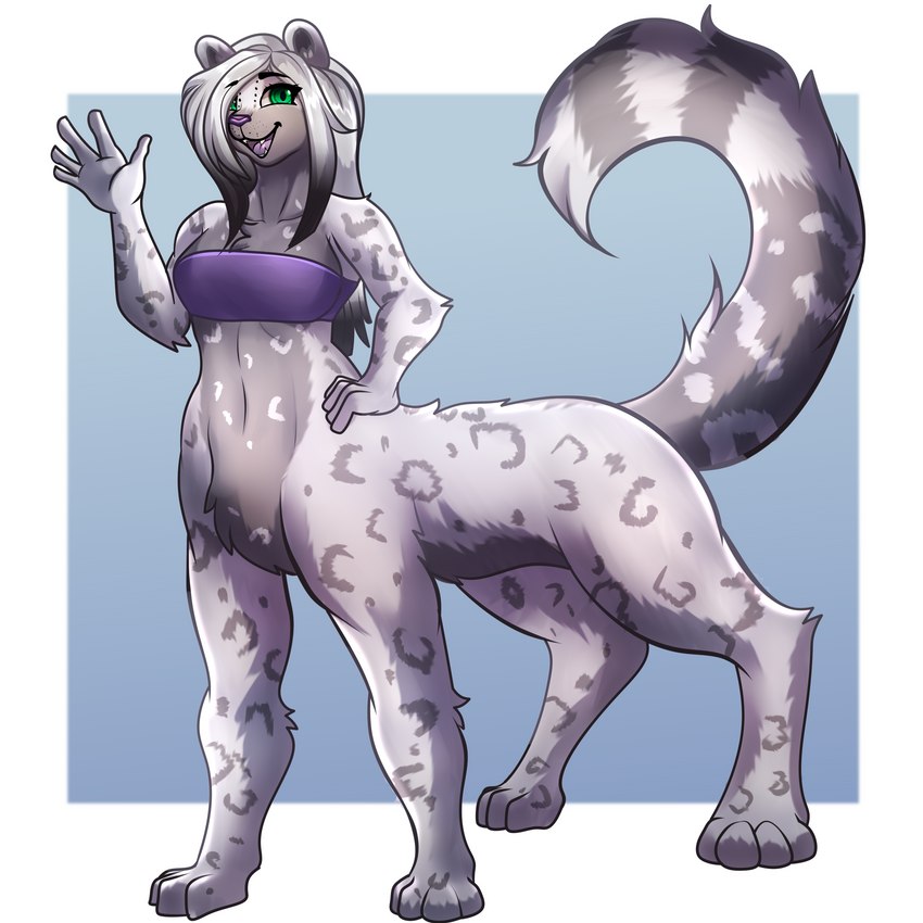 4_toes 5_fingers anthro bandeau black_eyebrows blue_background border bra clothing cute_fangs eyebrows fangs feet female fingers fluffy fluffy_tail fur gesture green_eyes grey_hair grey_highlights grey_spots hair hand_on_hip highlights_(coloring) long_hair markings navel open_mouth pink_nose purple_bra purple_clothing purple_underwear ring_(marking) ringed_tail simple_background solo spots spotted_body spotted_fur strapless_bra strapless_clothing strapless_underwear striped_markings striped_tail stripes tail tail_markings teeth toes topwear underwear waving waving_at_viewer white_body white_border white_fur doupperart_(artist) felid felid_taur feline feline_taur mammal mammal_taur taur elizabeth_(disambiguation) 1:1 absurd_res hi_res