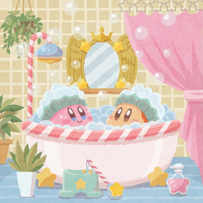 ambiguous_gender back_scrubber bath bathing bathroom big_head black_eyes blue_eyes blue_shower_curtain blush bubble_bath clothing detailed_background duo earless happy hat headgear headwear inside king looking_at_another looking_back mirror mouth_closed mouthless noseless not_furry nude pink_body pink_cheeks pink_skin plant plant_pot potted_plant rosy_cheeks round_body round_eyes round_head royalty shampoo shower_curtain small_body smile soap star star_rod yellow_star ara_love_kirby kirby's_return_to_dream_land kirby:_planet_robobot kirby:_right_back_at_ya! kirby_(series) kirby_64:_the_crystal_shards kirby_and_the_forgotten_land kirby_star_allies kirby_superstar kirby_triple_deluxe nintendo pixiv kirby alien mammal sphere_creature waddling_head 1:1 2023 detailed digital_media_(artwork) hi_res signature