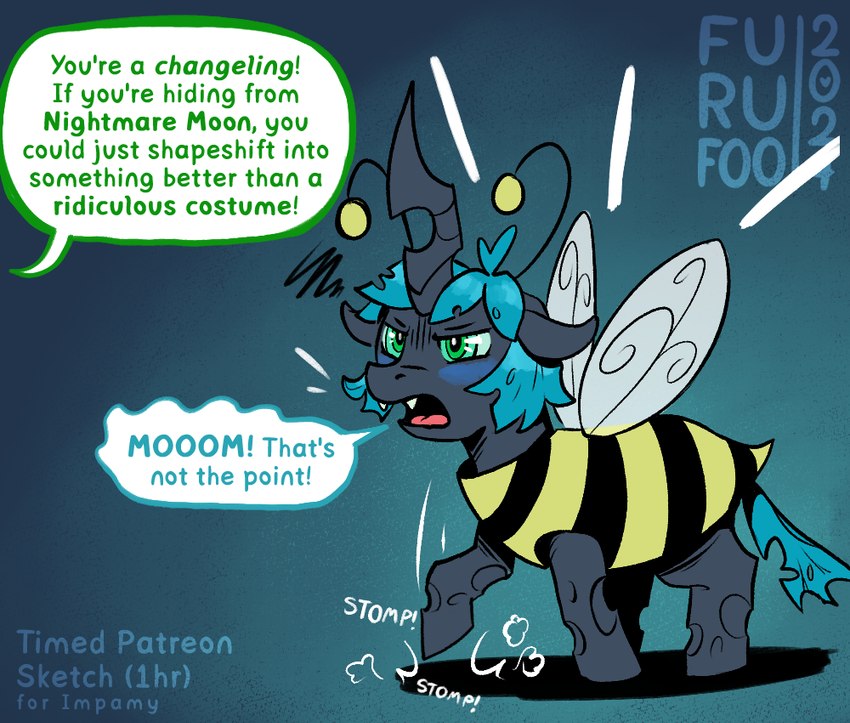 bee_costume clothing costume dialogue holidays text young furufoo friendship_is_magic halloween hasbro my_little_pony changeling_anon_filly queen_chrysalis_(mlp) arthropod bee changeling hymenopteran insect english_text