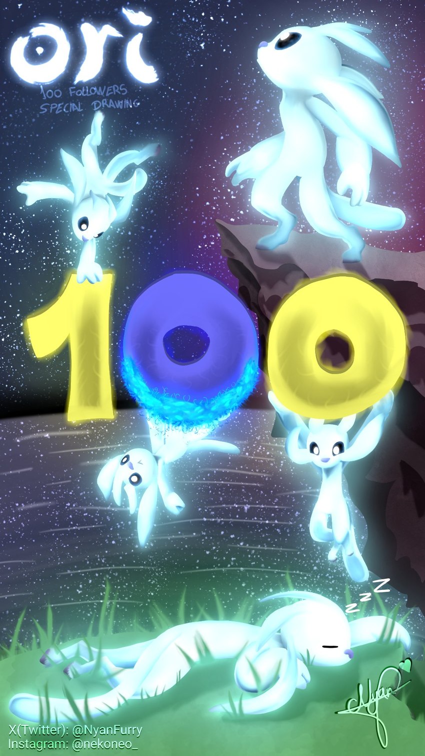 :< acrobatics ambiguous_gender anthro black_sclera blue_nose cliff cosmic_background eyes_closed glowing glowing_body glowing_ears glowing_tail grass happy hooves multiple_poses night number outside plant pose sky sleeping solo sound_effects star starry_background starry_sky tail text twitter_handle vowelless vowelless_sound_effect water white_body white_ears white_eyes white_tail zzz nyanfurry microsoft moon_studios ori_(series) xbox_game_studios ori_(ori) guardian_spirit 2023 9:16 colored digital_media_(artwork) digital_painting_(artwork) english_text hi_res shaded signature