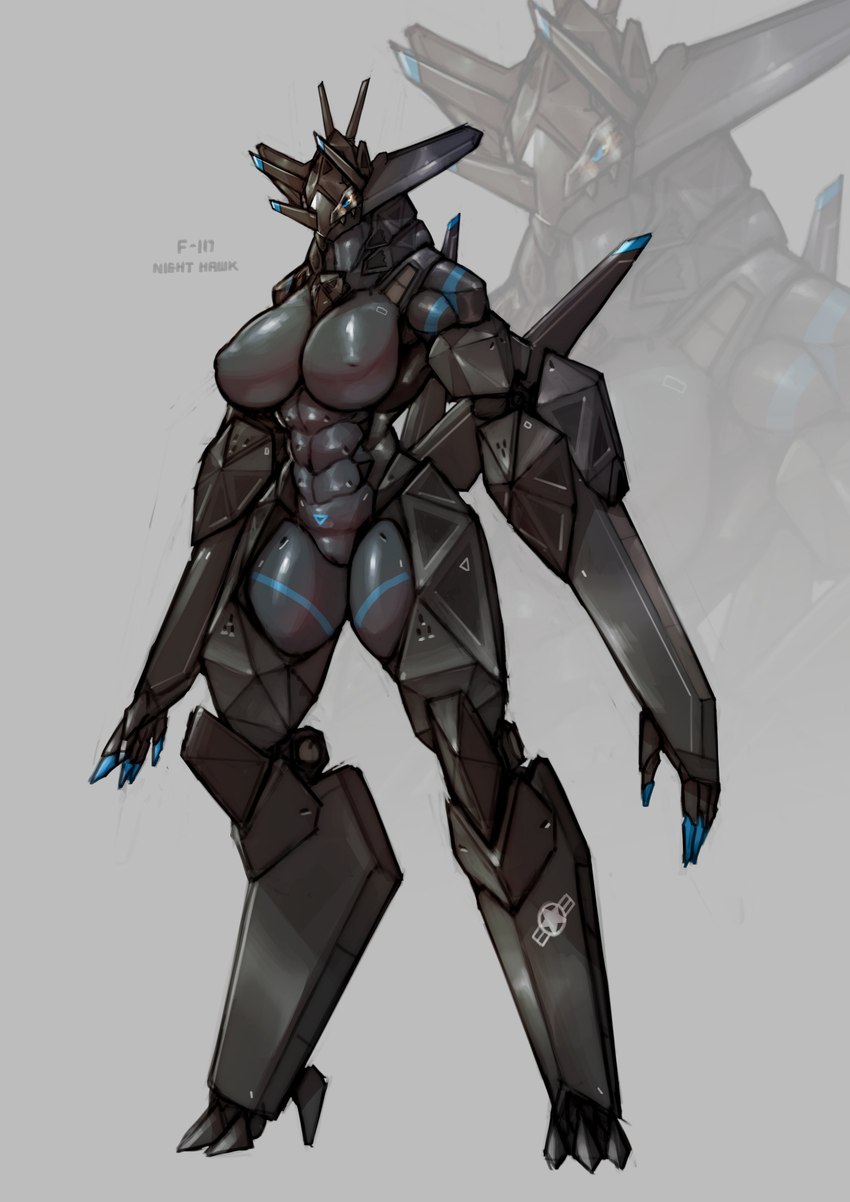 abs aircraft anthro biped black_body blue_body blue_eyes blue_markings breasts digitigrade female genitals grey_background machine markings muscular muscular_anthro muscular_female pussy simple_background solo standing vehicle agitype01 f-117 aircraft_humanoid living_aircraft living_machine living_vehicle 2022 absurd_res digital_media_(artwork) hi_res