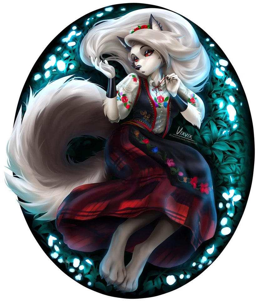 anthro bottomwear clothing digitigrade dress eyeshadow female fluffy fluffy_tail fur grey_body grey_fur makeup red_sclera simple_background skirt slavic solo tail white_body white_eyes white_fur vixvixart helluva_boss mythology loona_(helluva_boss) canid canid_demon canine demon hellhound mammal mythological_canine mythological_creature hi_res