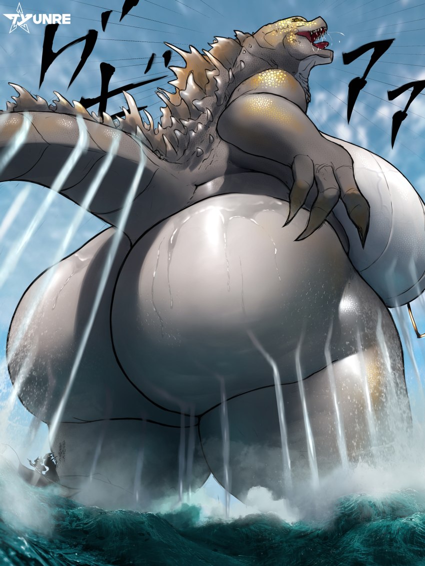 anthro big_breasts big_butt boat breasts butt cellulite claws crossgender fangs female huge_breasts huge_butt macro mtf_crossgender nipple_piercing nipples piercing size_difference solo teeth text thick_thighs vehicle watercraft tyunre godzilla_(series) godzilla_minus_one toho godzilla kaiju monster reptile scalie 2024 3:4 digital_media_(artwork) hi_res japanese_text