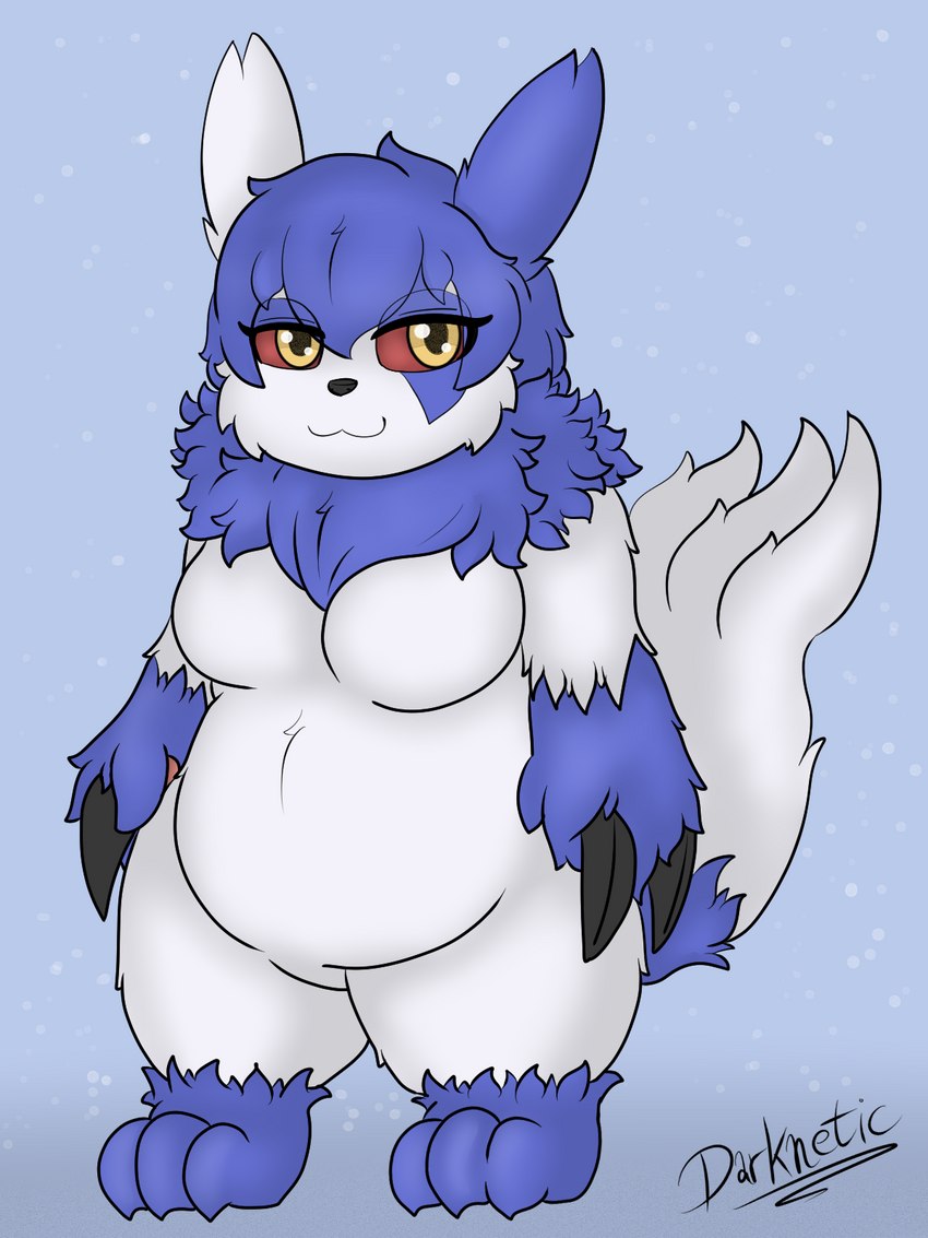 3_toes anthro blue_body blue_fur breasts claws clipstudio feet female fluffy fluffy_tail fur happy neck_tuft red_sclera short_stack simple_background slightly_chubby smile solo tail toes tuft white_body white_fur yellow_eyes darknetic fakemon nintendo pokemon amy_the_mystgoose generation_3_pokemon generation_6_pokemon hybrid meowstic pokemon_(species) zangoose 3:4 digital_media_(artwork) hi_res shaded