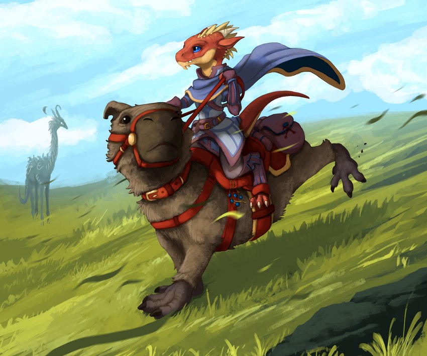 ambiguous_gender anthro bridle brown_body brown_fur cape claws clothed clothing detailed_background digitigrade duo_focus feral field fur group mount outside plains red_body red_scales reins riding saddle scales trio flamespitter karadur capybara caviid kobold mammal rodent scalie hi_res