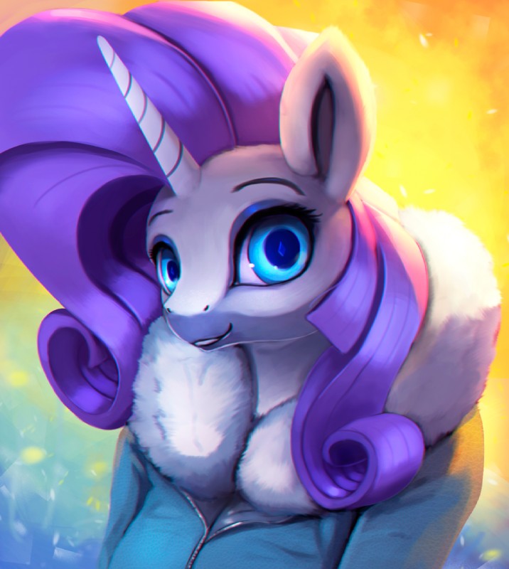 abstract_background anthro anthrofied blue_eyes clothing female fur hair horn jacket long_hair looking_at_viewer outside purple_hair smile solo teeth topwear white_body white_fur rodrigues404 friendship_is_magic hasbro my_little_pony mythology rarity_(mlp) equid equine mammal mythological_creature mythological_equine unicorn 2016