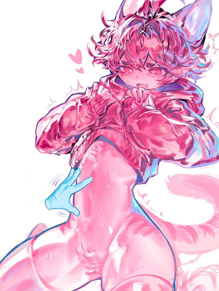 ambiguous_gender anthro blush bodily_fluids clothing crying disembodied_hand ears_up fur hair heart_symbol latex latex_clothing latex_legwear latex_thigh_highs legwear oversized_clothing oversized_sweater oversized_topwear petting petting_body pink_body pink_fur pink_hair raised_arm simple_background small_waist sweater tail tears thick_thighs thigh_highs topwear magic_dream00 domestic_cat felid feline felis mammal absurd_res hi_res