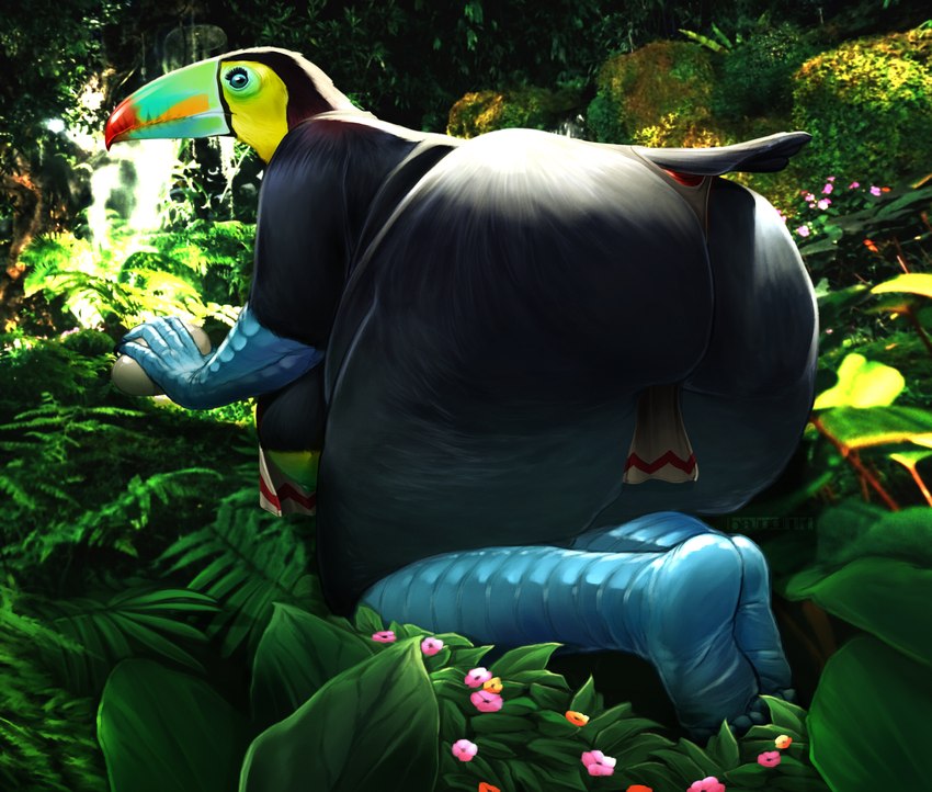 anthro areola beak big_areola big_breasts big_butt black_body black_feathers blue_body breasts butt butt_focus clothed clothing egg feathers female female_anthro forest holding_egg holding_object huge_breasts huge_butt jungle looking_at_viewer looking_back mature_anthro mature_female montgomery_glands multicolored_beak non-mammal_breasts obese outside overweight overweight_anthro overweight_female plant rainforest skimpy solo thick_thighs tree wide_hips band1tnsfw avian bird toucan absurd_res digital_drawing_(artwork) digital_media_(artwork) hi_res portrait