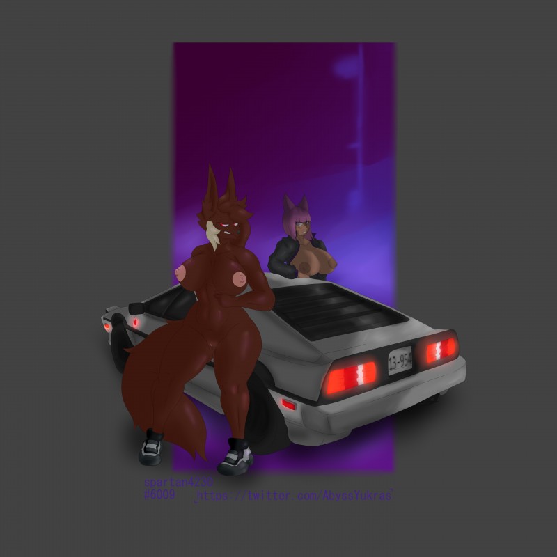 anthro big_breasts breasts car clothed clothing duo female footwear footwear_only genitals hair jacket mostly_nude partially_clothed pussy retro shoes shoes_only synthwave text topwear vehicle yukras_abyss outrun yukras felid feline hyena mammal 1:1 absurd_res hi_res url