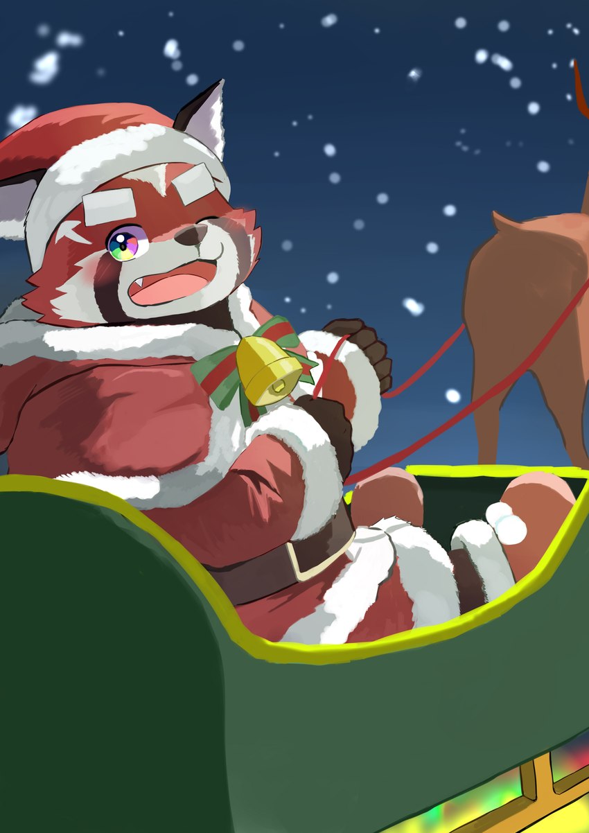 anthro christmas_clothing christmas_headwear clothing fur hat headgear headwear holidays male one_eye_closed red_body red_fur santa_hat sleigh snow solo wink young young_anthro 9dtq0 christmas lifewonders tokyo_afterschool_summoners zhurong_(tas) ailurid mammal red_panda absurd_res hi_res