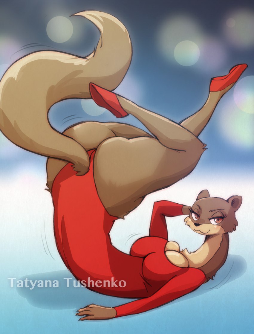 anthro bedroom_eyes black_nose blush breasts brown_body brown_fur butt cleavage clothed clothing emanata eyelashes female footwear fur leotard narrowed_eyes red_clothing red_footwear seductive simple_background smile solo melonleaf animalympics tatiana_tuschenko gulonine mammal marten mustelid musteline 2021 hi_res