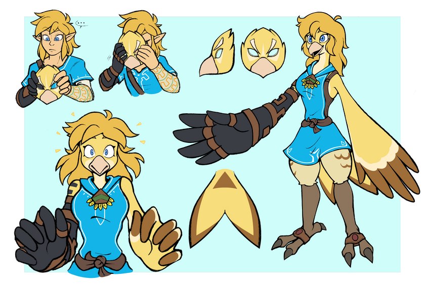 alternate_species anthro blonde_hair blue_eyes clothed clothing ellipsis feathers female gender_transformation hair humanoid_to_anthro long_hair male mask mask_transformation mtf_transformation solo species_transformation surprised_expression transformation winged_arms wings yellow_body yellow_feathers mattythemouse nintendo the_legend_of_zelda link link_(rito_form) avian humanoid mammal rito colored hi_res