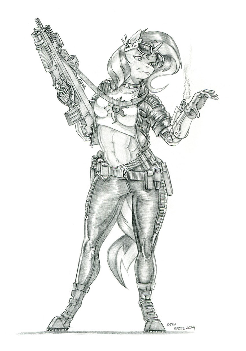 anthro assault_rifle bad_trigger_discipline belt boots bottomwear breasts bullpup clothing crop_top cybernetic_arm cybernetic_limb cyberpunk eyewear female footwear gloves grenade_launcher gun hair handwear holding_gun holding_object holding_ranged_weapon holding_rifle holding_weapon holstered_pistol horn jacket midriff pants ranged_weapon rifle shirt shoes solo standing tight_clothing topwear weapon baron_engel equestria_girls hasbro my_little_pony mythology sunset_shimmer_(eg) equid equine mammal mythological_creature mythological_equine unicorn 2024 graphite_(artwork) hi_res monochrome traditional_media_(artwork)