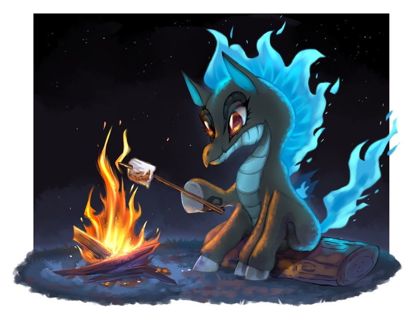 amber_eyes black_body black_scales blue_body blue_fire blue_scales campfire candy colored_fire dessert female feral fire flaming_hair flaming_mane flaming_tail food hooves marshmallow multicolored_body multicolored_scales night outside pseudo_hair pseudo_mane roasting_marshmallow scales sitting_on_log solo star stick tail two_tone_body two_tone_scales luo_qiangwei asian_mythology chinese_mythology east_asian_mythology mythology them's_fightin'_herds tianhuo_(tfh) dragon hybrid longma mythological_creature mythological_equine mythological_scalie scalie 2022 digital_media_(artwork) digital_painting_(artwork) hi_res