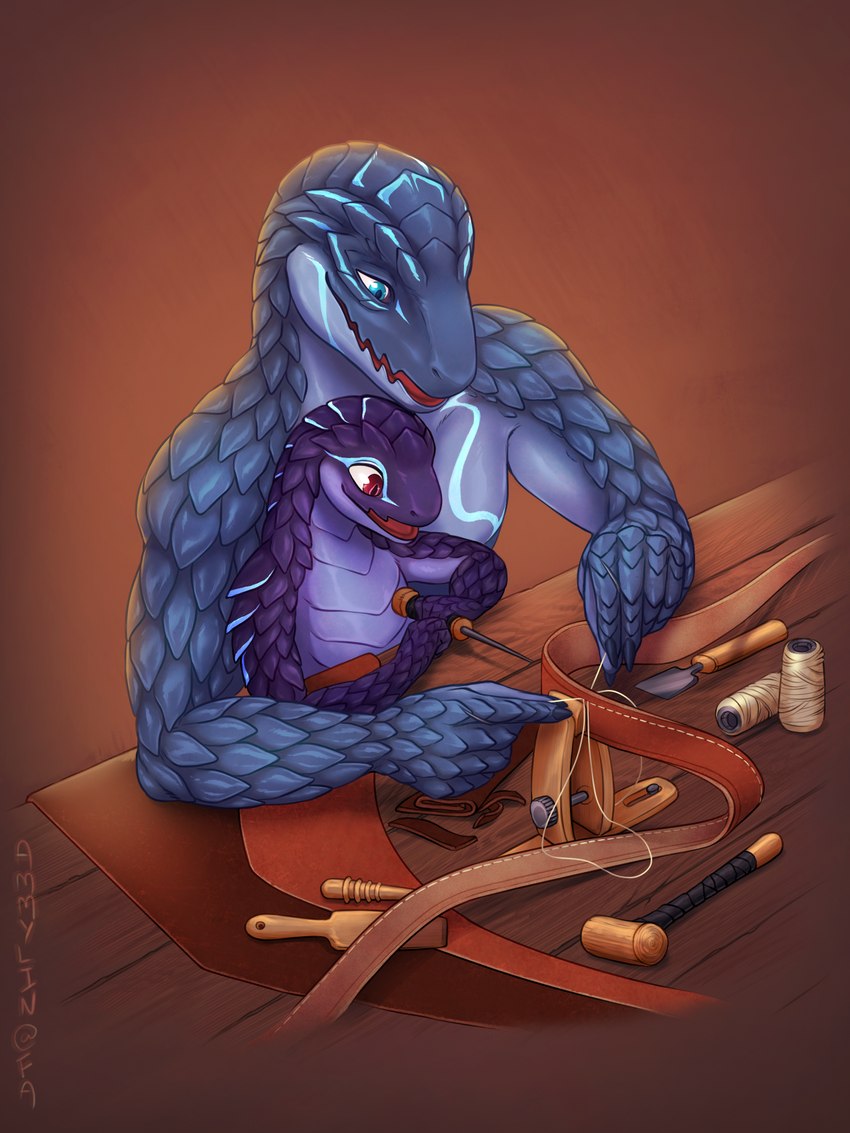 anthro blue_body blue_scales crafting duo family female leatherworking male markings pupils purple_body purple_scales red_eyes scales slit_pupils smile teal_eyes teal_markings ventral_scales young young_anthro young_female ammylin crius_(offline_user) filia_(offline_user) lizardman reptile scalie 3:4 hi_res daughter_(lore) father_(lore) father_and_child_(lore) father_and_daughter_(lore) parent_(lore) parent_and_child_(lore) parent_and_daughter_(lore)