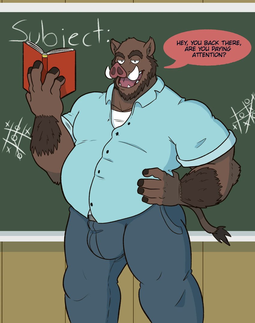 5_fingers anthro arm_tuft barazoku beard big_bulge blue_bottomwear blue_clothing blue_jeans blue_pants blue_shirt blue_topwear book bottomwear brown_beard brown_body brown_facial_hair brown_fur bulge chalkboard classroom clothed clothing denim denim_bottomwear denim_clothing dialogue facial_hair fingers fur hand_on_hip holding_book holding_object inside jeans looking_at_viewer male mature_anthro mature_male musclegut muscular open_mouth overweight overweight_anthro overweight_male pants professor red_speech_bubble school shirt solo speech_bubble standing tail tail_tuft talking_to_viewer text tic-tac-toe topwear tuft tusks white_undershirt mospy_(artist) suarez_(nanoff) mammal suid suina sus_(pig) wild_boar 2023 english_text hi_res portrait three-quarter_portrait