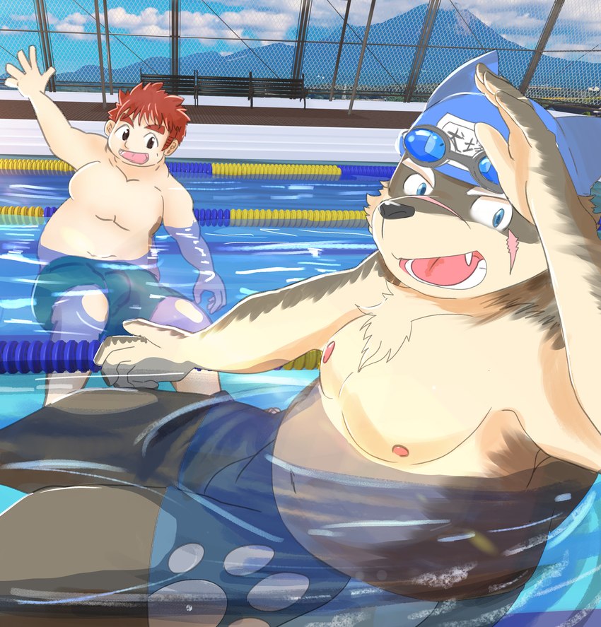 anthro duo male nipples swimming_pool text water martuguma lifewonders tokyo_afterschool_summoners moritaka_(tas) ryota_(tas) ryouta_yakushimaru canid canine canis domestic_dog human mammal absurd_res english_text hi_res