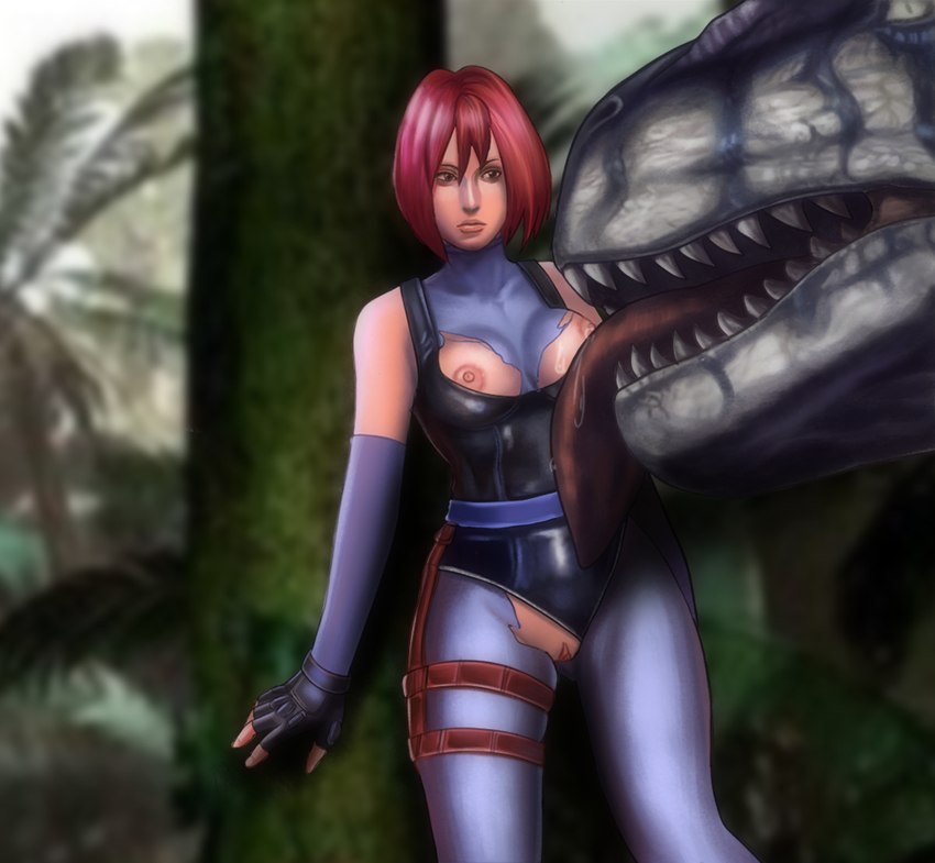 breasts clothing female forest genitals gloves hair handwear human_focus licking plant pussy red_hair tongue torn_clothing tree yuya73 capcom dino_crisis regina_(dino_crisis) dinosaur human mammal prehistoric_species reptile scalie