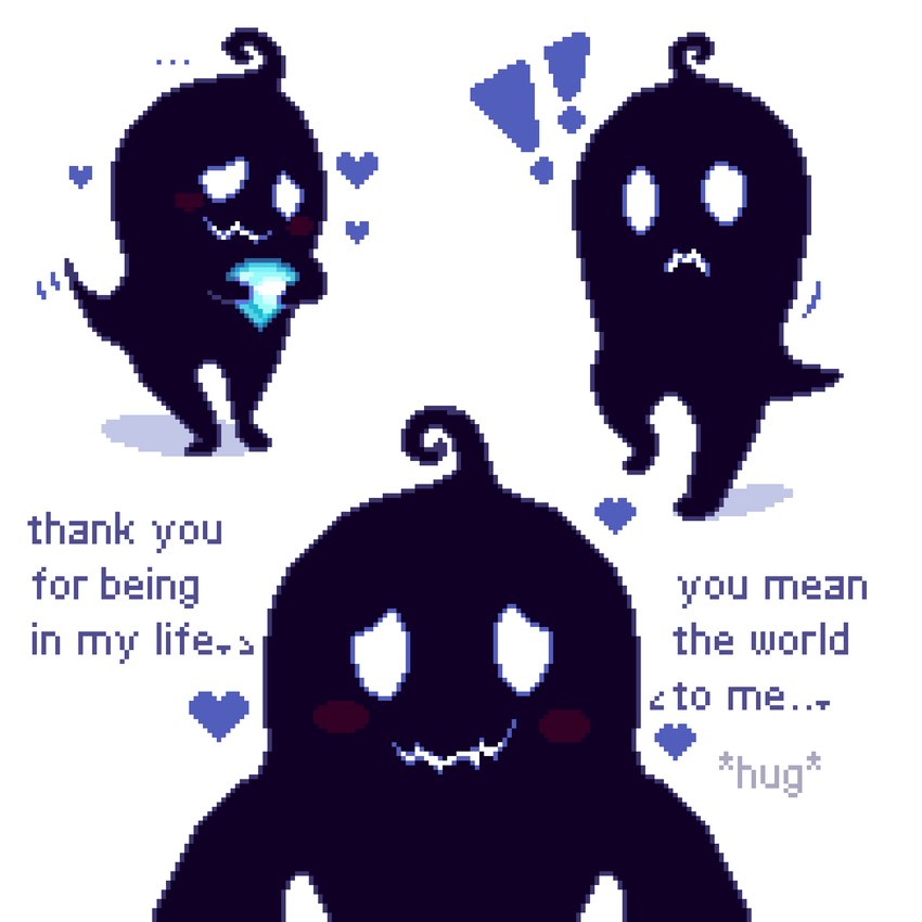 ambiguous_gender black_body blue_text blush dialogue diamond_(gem) empty_eyes exclamation_point featureless_crotch featureless_feet featureless_hands feet frown gem holding_diamond holding_gem holding_object hug hugging_viewer looking_at_viewer not_furry nude on_one_leg simple_background smile solo standing tail talking_to_viewer text white_background white_eyes geomecs stardew_valley krobus_(stardew_valley) humanoid monster shadow_creature tailed_humanoid 1:1 2024 digital_media_(artwork) english_text hi_res pixel_(artwork) restricted_palette