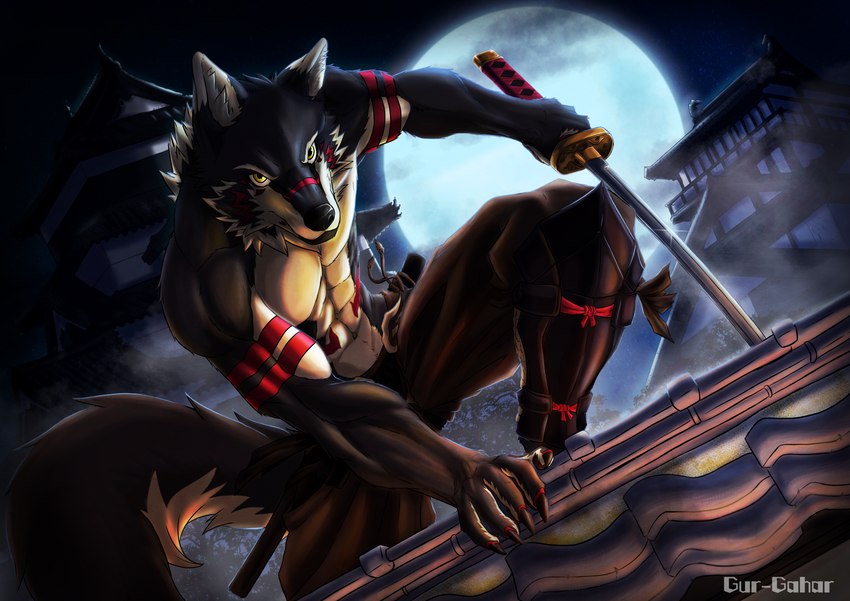 anthro claws full_moon fur high_place japanese katana leg_armor light looking_at_viewer male melee_weapon moon moonlight on_roof red_tattoo rooftop solo sword tattoo weapon white_body yellow_eyes gur-gahar gur_(gur-gahar) canid canine canis mammal wolf absurd_res digital_media_(artwork) hi_res