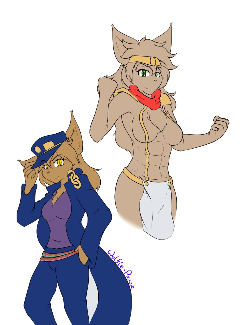 abs anthro breasts brown_body brown_fur clothing cosplay duo featureless_breasts female fur green_eyes grey_body grey_fur hat headgear headwear muscular muscular_female yellow_eyes wolfie-pawz jojo's_bizarre_adventure twokinds jotaro_kujo king_adelaide madelyn_adelaide star_platinum basitin mammal 3:4 hi_res