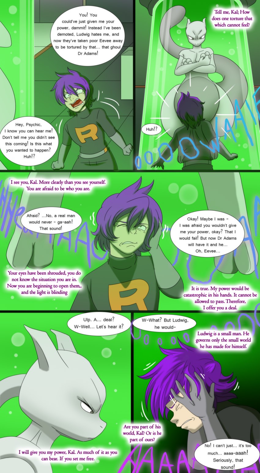 angry anthro deal dialogue duo green_liquid hair hand_on_head laboratory male manipulation psychic_powers purple_hair scared speech_bubble text tube white_body yelling tfsubmissions nintendo pokemon team_rocket generation_1_pokemon human legendary_pokemon mammal mewtwo pokemon_(species) absurd_res colored comic english_text hi_res