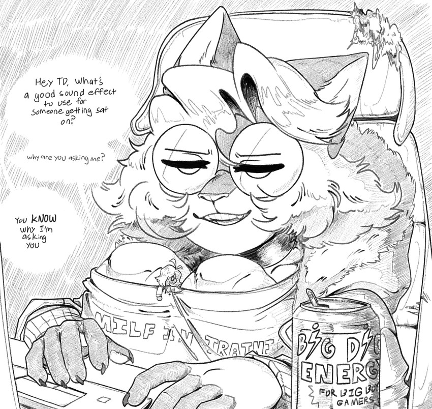 anthro beverage computer dialogue electronics energy_drink extreme_size_difference eyewear female glasses male micro size_difference solo text emmacat64 kitkat_(emmacat64) td_(character) alien domestic_cat felid feline felis mammal 2020 english_text greyscale hi_res monochrome