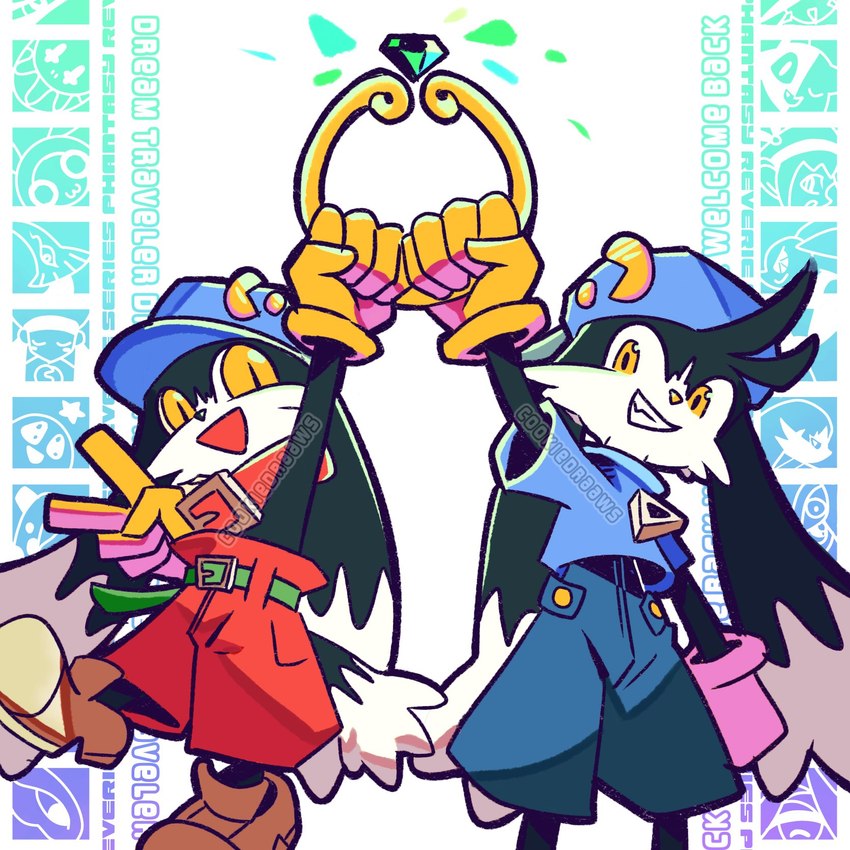 anthro belt bottomwear clothing collar duo footwear gloves handwear hat headgear headwear long_ears male ring shirt shoes shorts smile text topwear yellow_eyes zipper cookiedraaws bandai_namco klonoa_(series) huepow joka king_of_sorrow klonoa lephise lolo_(klonoa) popka tat_(klonoa) animal_humanoid canid canine canis domestic_cat domestic_dog felid feline felis haplorhine humanoid mammal mammal_humanoid monkey monkey_humanoid moo_(klonoa) primate primate_humanoid sphere_creature 1:1 english_text hi_res