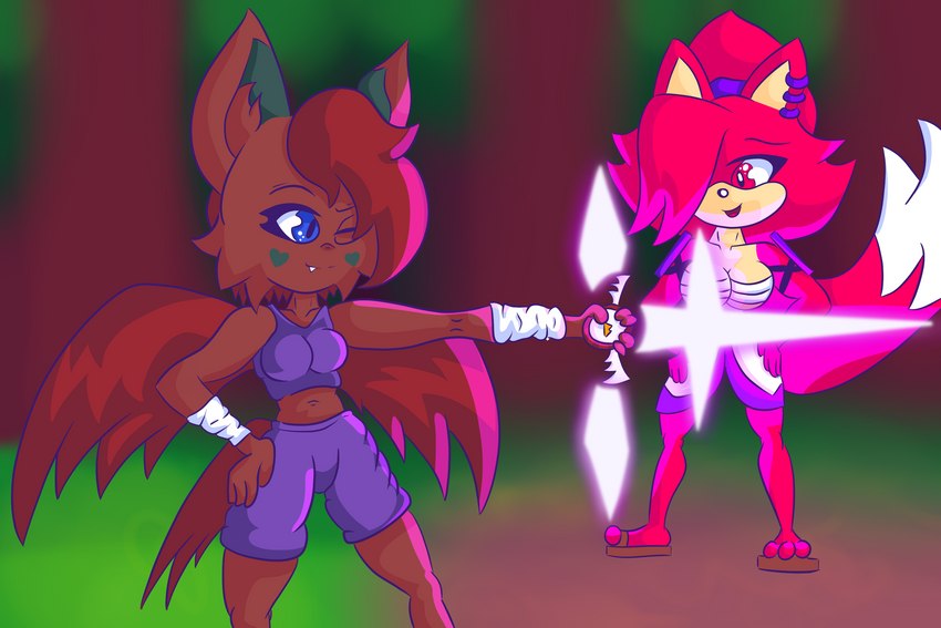 anthro bat_wings big_breasts blue_eyes breasts brown_body brown_fur brown_hair clothed clothing duo ear_piercing female forest forest_background fur hair heart_symbol melee_weapon membrane_(anatomy) membranous_wings nature nature_background open_mouth piercing plant red_body red_eyes red_fur red_hair smile sword tail tongue training tree weapon wings redeye_samurai_(artist) sega sonic_the_hedgehog_(series) acey asami_the_cat fan_character 3:2 digital_media_(artwork) hi_res