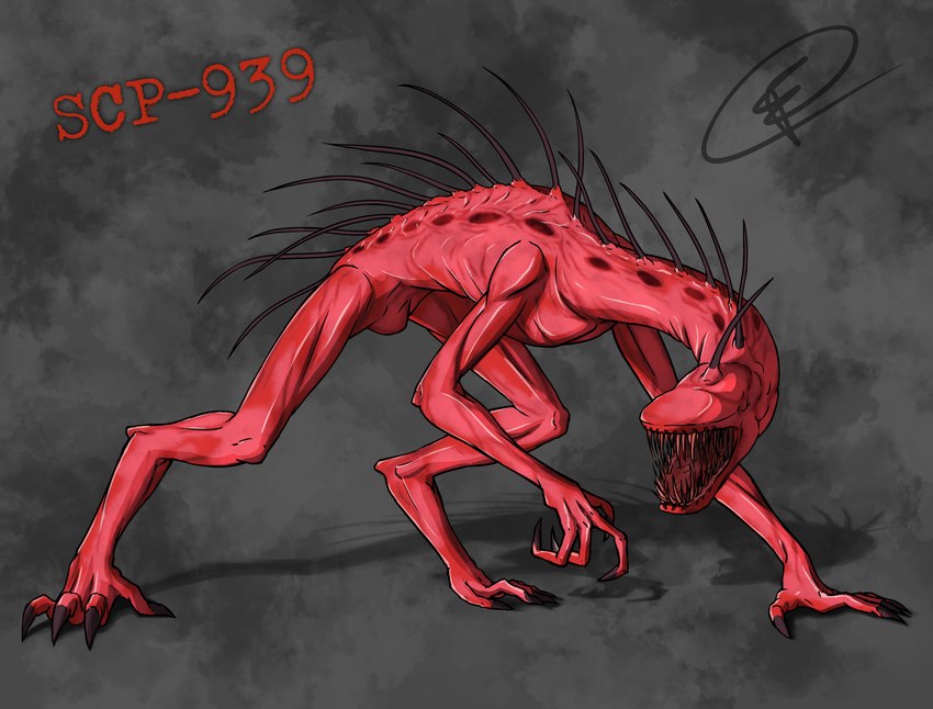 4_claws 4_fingers 4_toes all_fours ambiguous_gender back_spines biped black_claws claws digitigrade eyeless eyespots feet feral fingers grey_background head_turned horror_(theme) long_neck markings number open_mouth red_body red_skin red_spikes red_teeth red_text red_tongue shadow sharp_teeth simple_background solo spines teeth text three-quarter_view toes tongue vein chimericecho scp_foundation mammal monster scp-939 2022 absurd_res clip_studio_paint_(artwork) colored digital_media_(artwork) digital_painting_(artwork) english_description full-length_portrait hi_res portrait shaded signature species_name