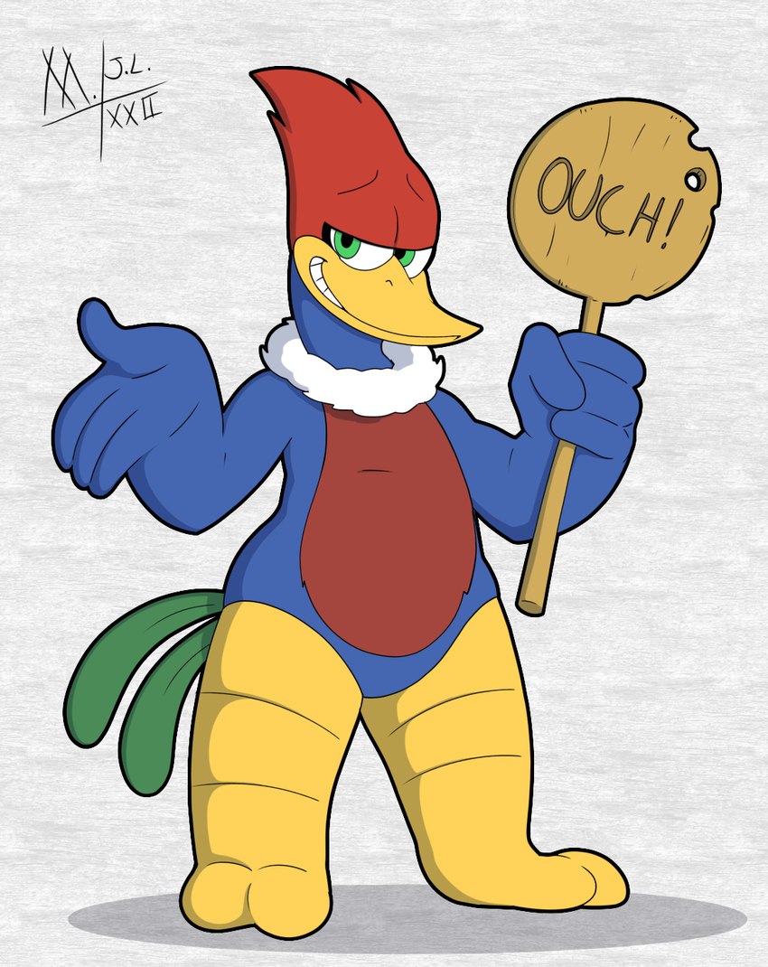 anthro beak feathers feet fur green_eyes male multicolored_body multicolored_fur neck_tuft onomatopoeia shit_eating_grin sign smile smirk solo sound_effects tail tail_feathers talons text toes tuft meatboom the_woody_woodpecker_show universal_studios woody_woodpecker avian bird picid woodpecker 2022 hi_res